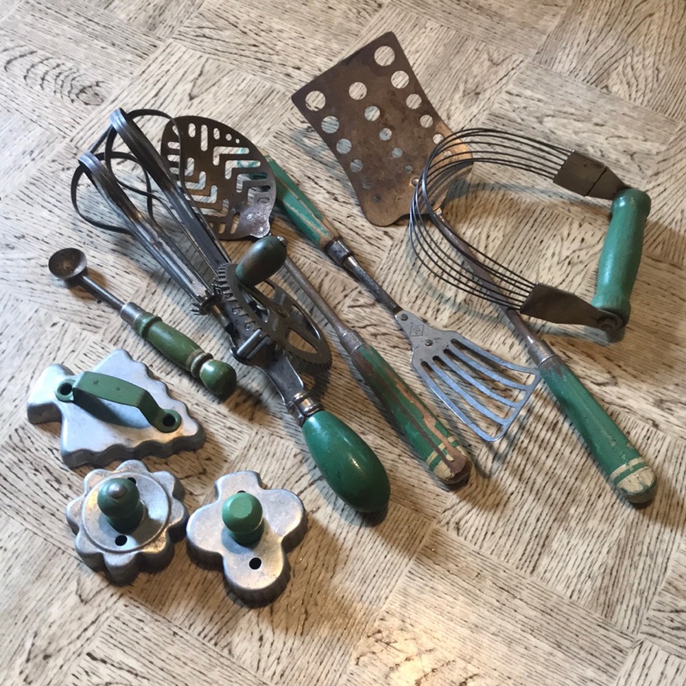 Vintage Kitchen Utensil Set with Green Handles